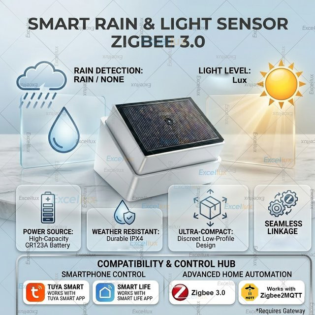 Excellux Zigbee Smart Rain Drop Sensor für den Außenbereich mit Beleuchtungsstärkedetektor in Weiß für Tuya und Z2M zur Smart Home Automation - Bild 1