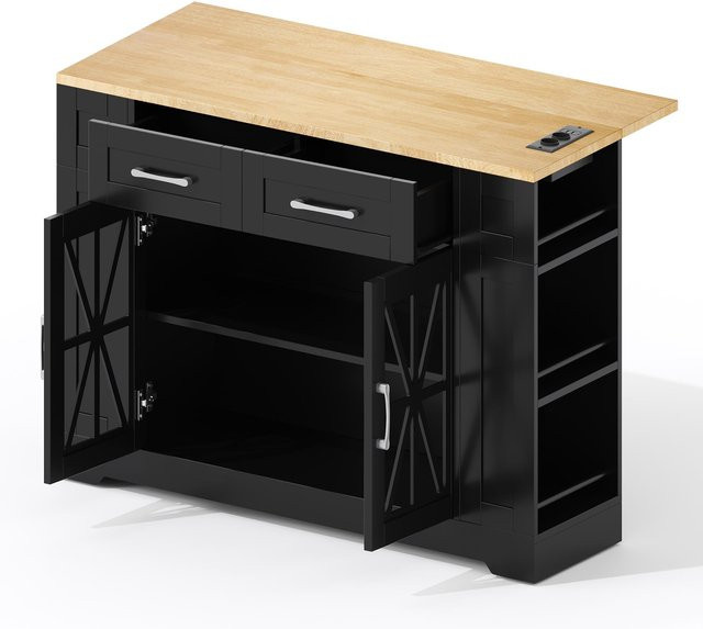 Kücheninsel von TG Electrical DE mit klappbarem Esstisch und erweiterbarer Arbeitsfläche in Schwarz und Naturfarbe, B/T/H: 120 x 40/65 x 92 cm - Bild 1