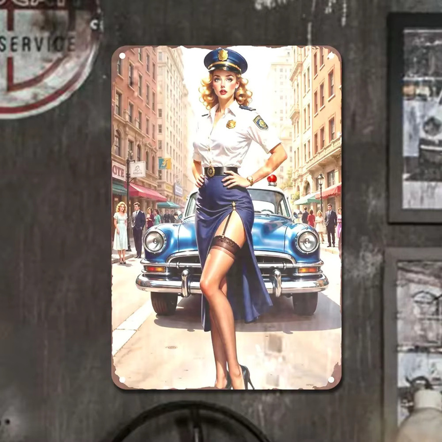 HELLOYOUNG Vintage Metall-Blechschild Wanddekoration mit Blondine in Polizeiuniform und klassischem Auto, Mehrfarbig, Rechteckig - Bild 2