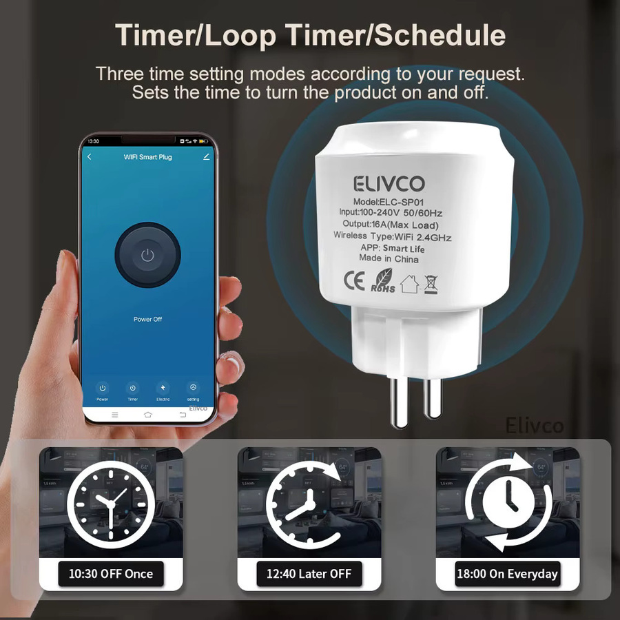 Elivco Tuya Smart Steckdose 16A WLAN-Steckdose in Weiß mit Zeitschaltuhr, Countdown und Energieüberwachung, kompatibel mit Google Assistant, Alexa, Alice und Salute - Bild 5