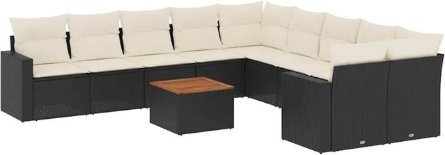 vidaXL 11-teilige Garten-Sofagarnitur in L-Form mit Kissen und Couchtisch, Schwarz, Poly-Rattan mit Metallrahmen und UV-beständigen Polstern - Bild 1