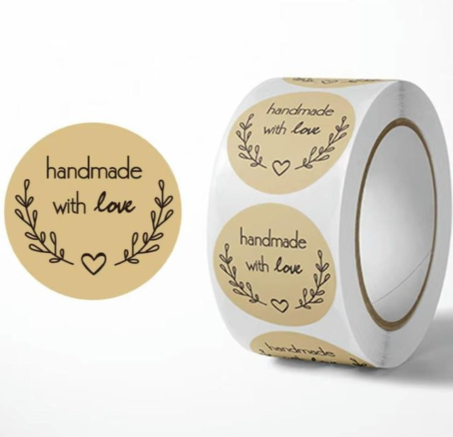 500 Stück Rui Di Vintage Kraftpapier Aufkleber Handgemacht mit Liebe in Braun und Beige für Schreibwaren, Backen und Geschenke - Bild 1