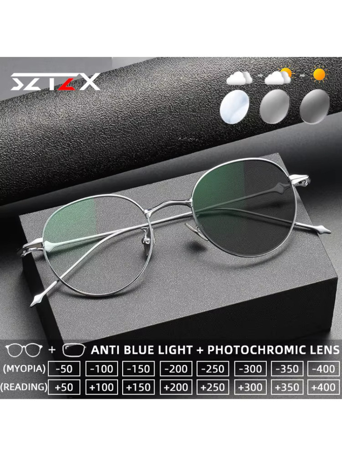SZTZX Lesebrille, Titan, Vollrand, Rund, Silber, Photochrom, Blaulichtfilter - Bild 4