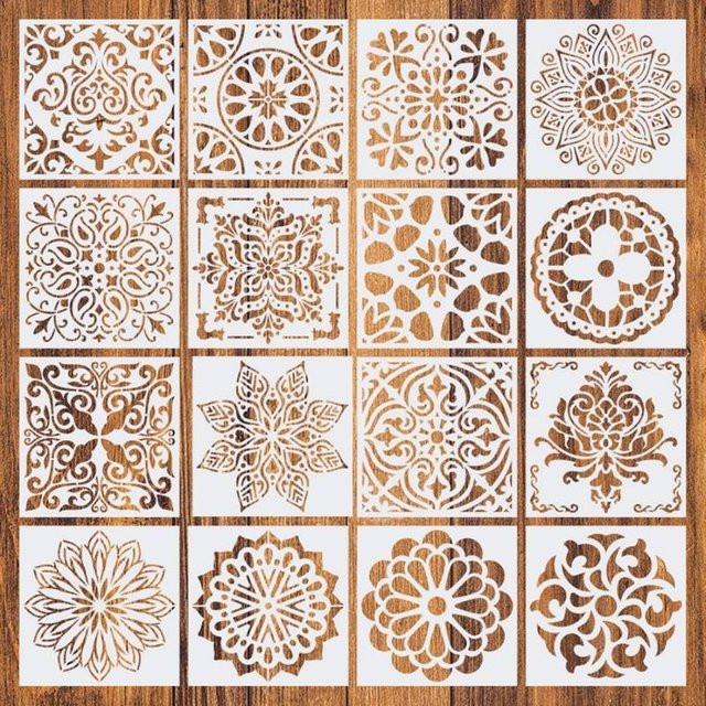 16-teiliges Mandala-Schablonen-Set aus Kunststoff für Punktmalerei und DIY-Dekoration, Durchmesser: 15 cm - Bild 1