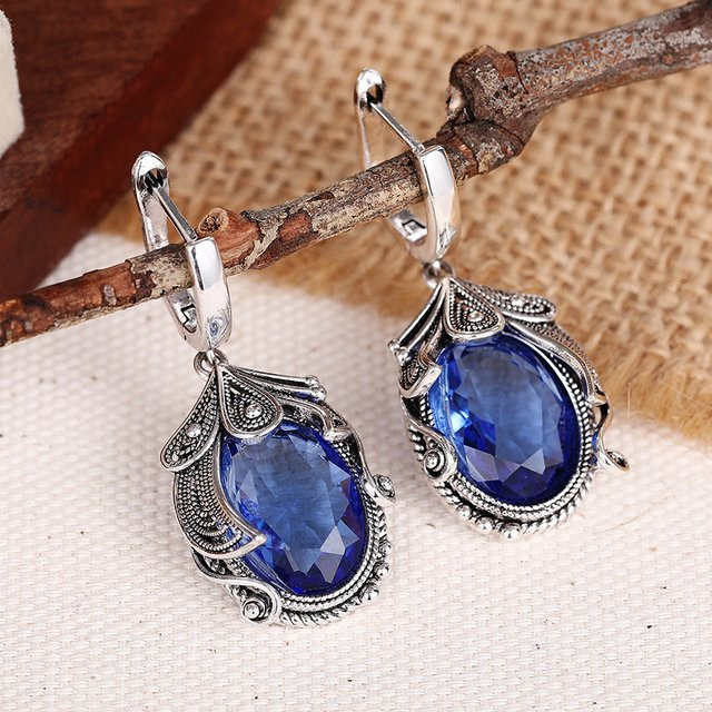 Huitan Vintage Ohrhänger, blauer Zirkonia, Antiksilberfarbe, Damen - Bild 1