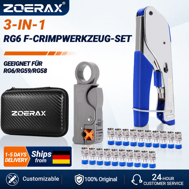 ZoeRax Koaxial-Kompressionswerkzeug-Set mit Crimper-Zange, Abisolierwerkzeug und 20 RG6 F-Steckern - Bild 1
