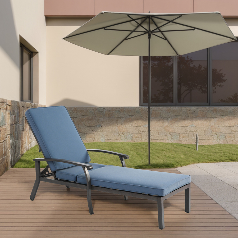 Moderner Lounge-Patio-Stuhl aus Aluminium mit verstellbarer Rückenlehne und Armlehnen in Blau und Beige, B/T/H: 202 x 58 x 100/30 cm - Bild 2