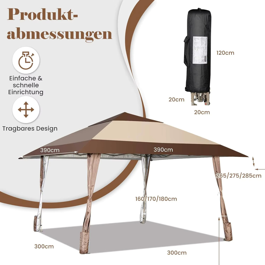 GOFLAME Pop-up-Pavillon mit Rädern, wasserdichter Klapppavillon mit UV-Schutz 50, Partyzelt für den Garten, Farbe: Braun, B/T/H: 400 x 390 x 285 cm - Bild 3