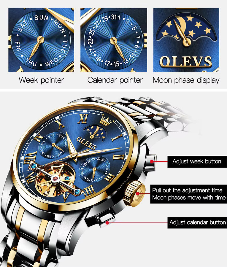 OLEVS Herrenarmbanduhr, Automatik, Mondphase, Edelstahl, Blau, Herren - Bild 3