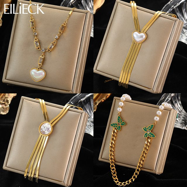 EILIECK Halskette Edelstahl, Perle, Zirkonia, Gold, Damen - Bild 1