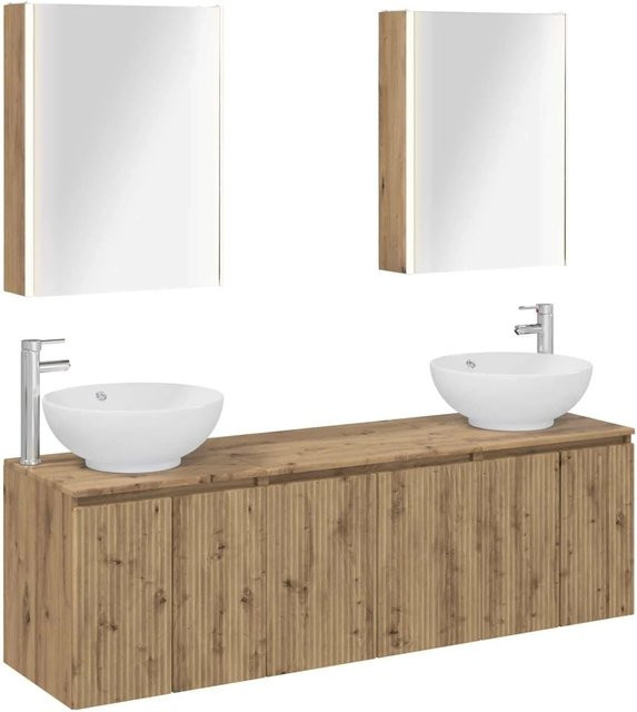 vidaXL Badezimmerschrank-Set aus Holz in Artisan-Eiche, 5-teiliges modernes Set mit Waschtischunterschrank, Spiegelschrank und Wandunterschrank mit LED-Beleuchtung, Braun, Matt - Bild 1