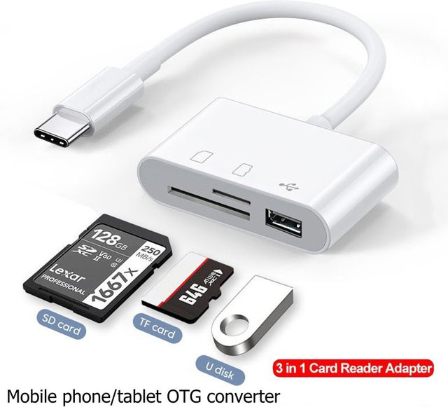 3-in-1 USB Typ C Multi-Port-Hub Konverter mit TF SD Micro SD Kartenleser und OTG-Adapter in Weiß für iPhone 15-Serie, Laptop, Huawei und Samsung - Bild 1