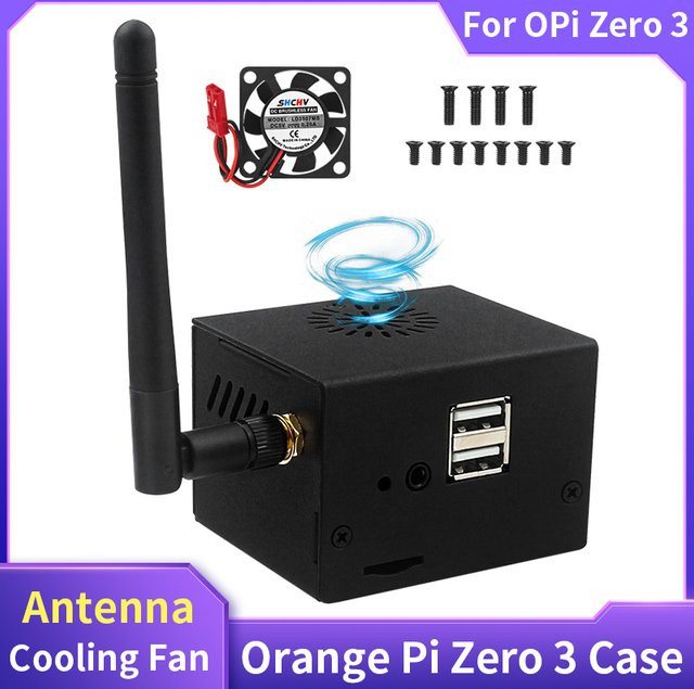 Orange Pi Zero 3 Metallgehäuse in Schwarz mit optionalem Lüfter und Antenne für aktive Kühlung - Bild 1