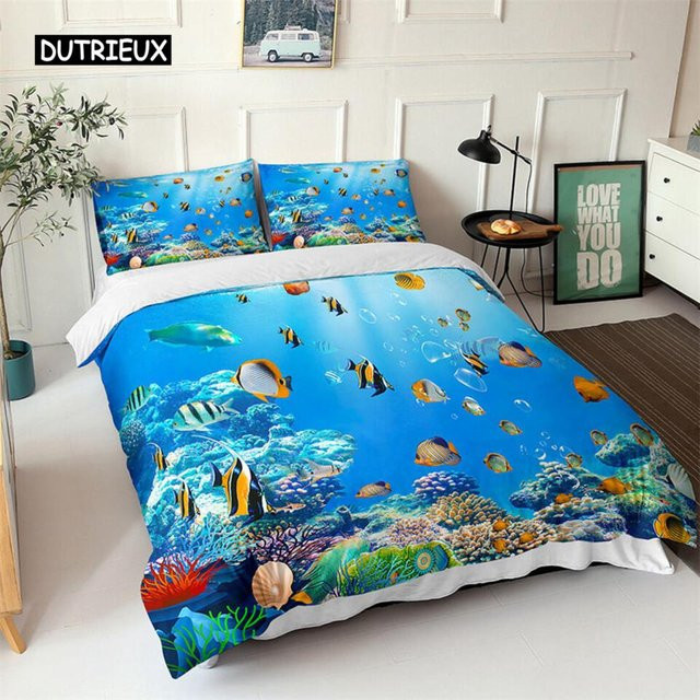 Binchi Outdoor Product Ozean Bettwäsche-Set mit 3D-Fisch-Motiv in Blau, Kinder Bettbezug Set aus Polyester, B/H: 150 x 200 cm - Bild 1