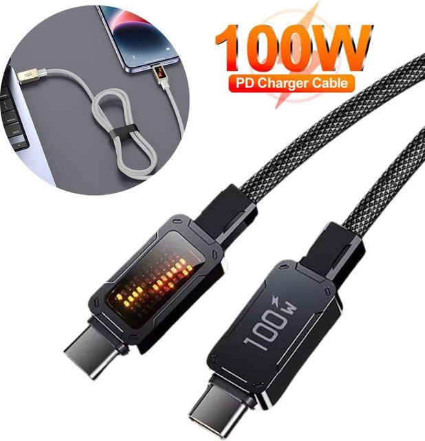 PD100W USB-C auf Lightning Schnellladekabel mit LED Digital Display für iPhone und Tablets in Schwarz oder Weiß - Bild 1
