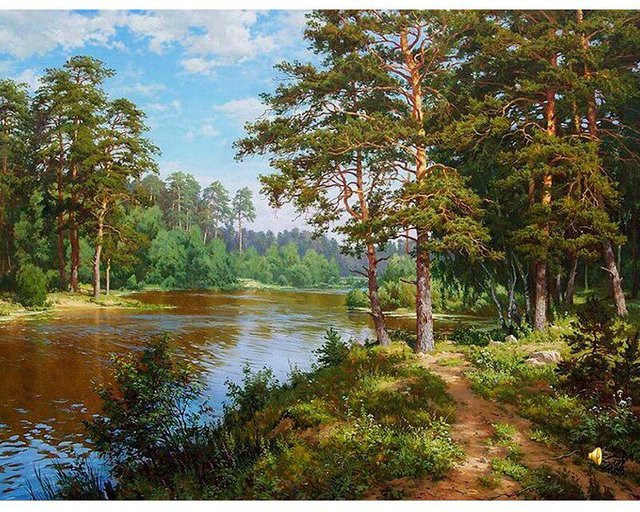 FIYO 5D DIY Diamant Stickerei Wald Baum Landschaft als Kreuzstich Malerei mit vollen runden Strass Steinen, Mehrfarbig, B: 40 cm, H: 30 cm - Bild 1