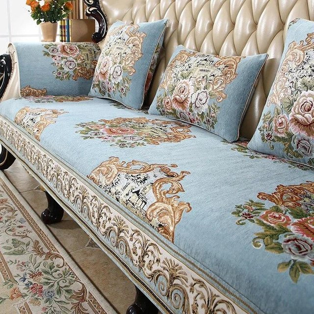 Anti-Rutsch Sofabezug aus floralem Jacquard-Stoff in Blau, B/H: 80 x 75 cm - Bild 1
