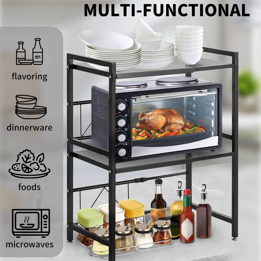 HGTUGO 3-stufiges Küchen-Mikrowellenregal aus Kohlenstoffstahl in Schwarz, höhenverstellbares und erweiterbares Aufbewahrungsregal für die Arbeitsplatte mit abnehmbaren Haken - Bild 5