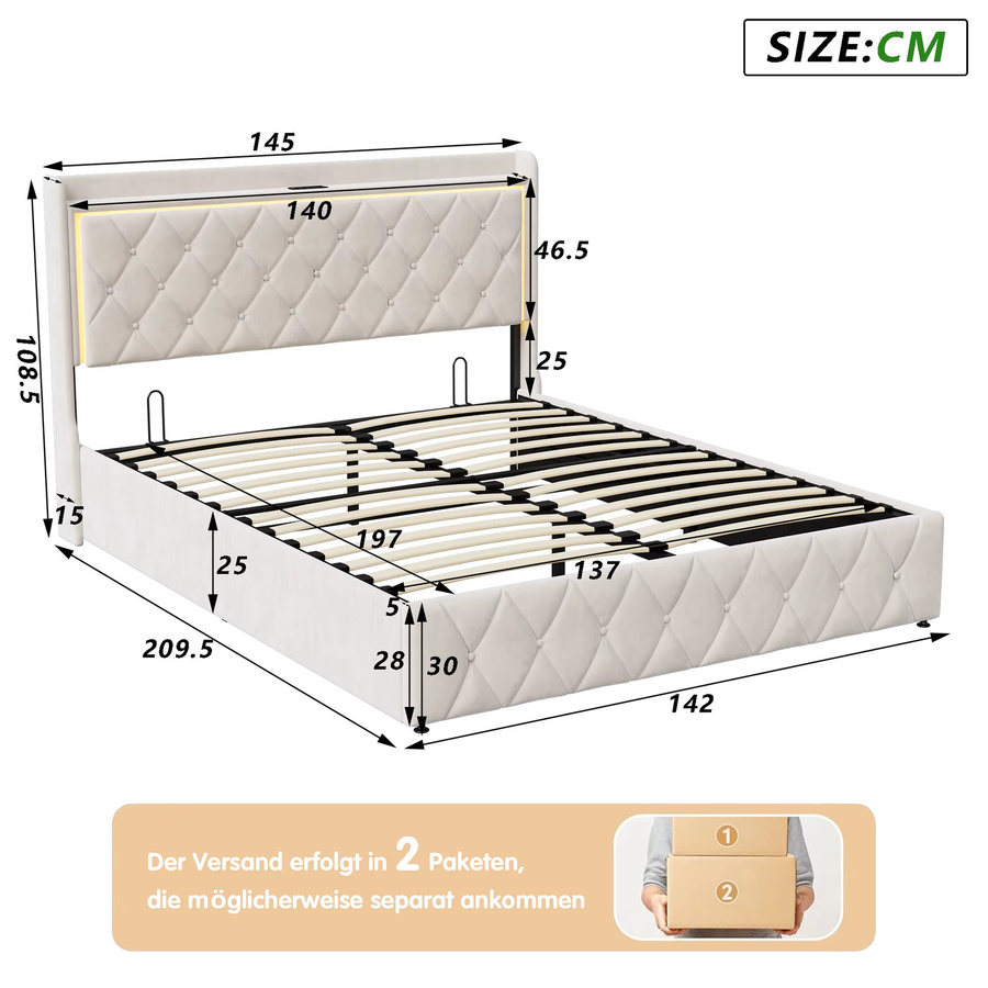 Superaly Gepolstertes Doppelbett aus Samt mit Stauraum, LED-Beleuchtung und USB-Ladefunktion, Beige, B/T: 140 x 200 cm - Bild 4