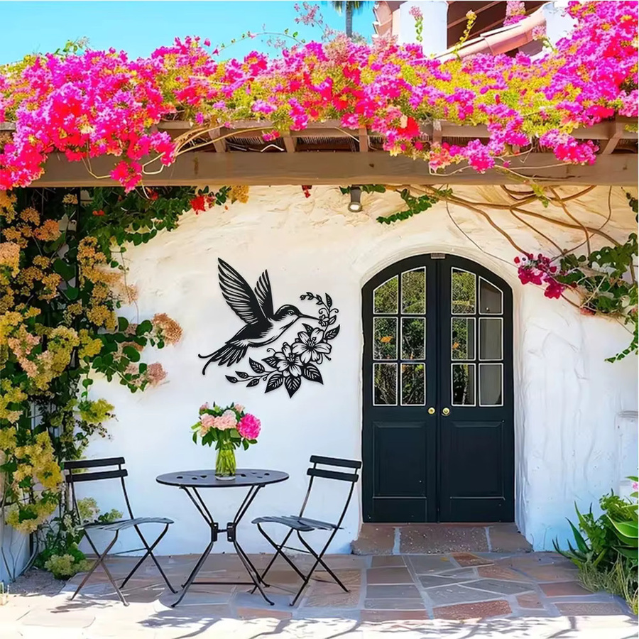 DDPNKL Metall-Wandkunst Kolibri und Blumen in Schwarz für Garten und Innenräume - Bild 3