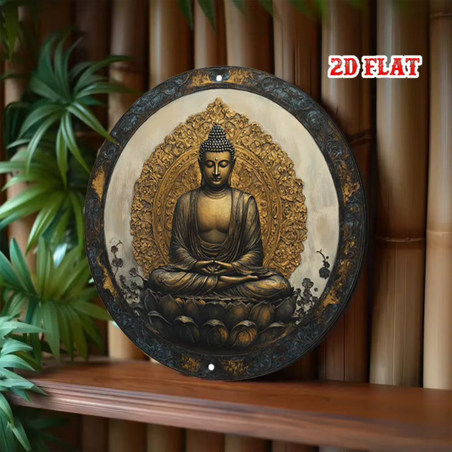 HELLOYOUNG Vintage Buddha Metallschild Gold, Rundes Aluminium-Wandschild für Meditation und Dekoration, Durchmesser: 20 cm - Bild 2