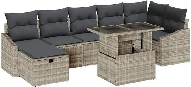 vidaXL Garten-Sofa-Set aus Polyrattan in Hellgrau, 8-teiliges L-Shape Lounge-Set mit Kissen, Ottomane und Couchtisch aus Glas - Bild 1