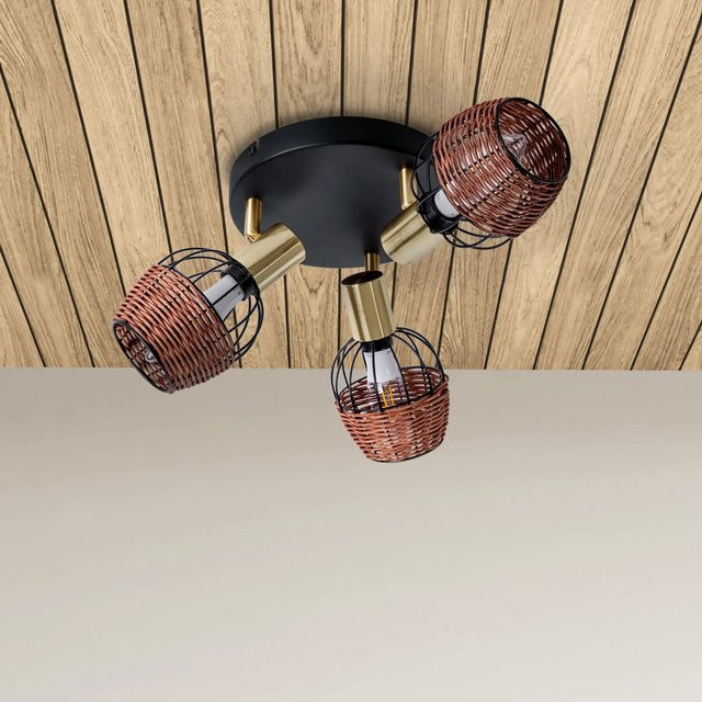 Näve Deckenrondell Corbis 3-flammig aus Metall und Rattan in Schwarz, Durchmesser: 38 cm, Höhe: 10 cm - Bild 1