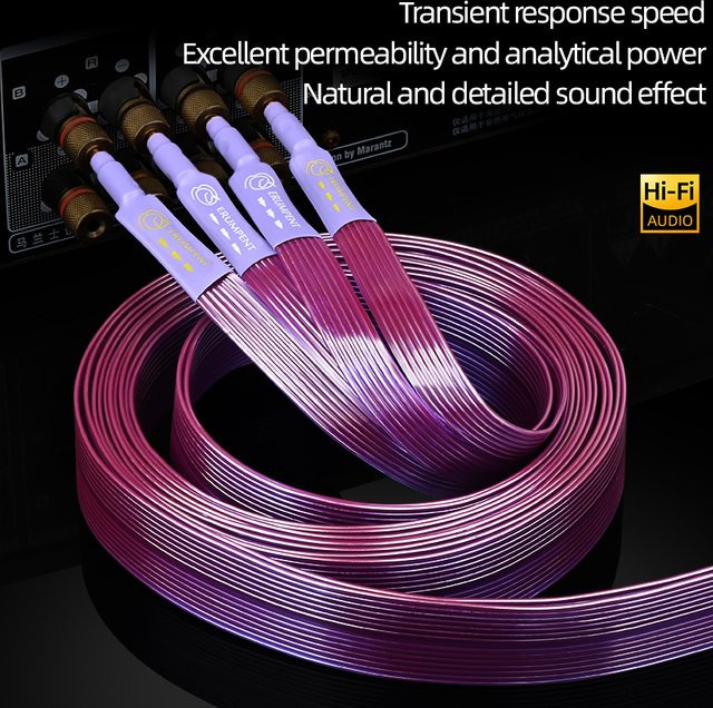 ATAUDIO HiFi-Lautsprecherkabel aus reinem Kupfer mit vergoldeten Bananen-Y-Steckern, flaches Audio-Kabel für Verstärker und CD-Player, Gold und Lila - Bild 1