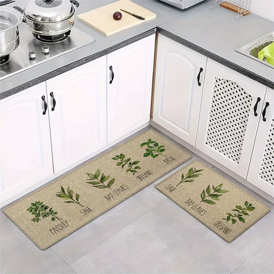 VIKAMA 2-teiliges Set rutschfeste Küchenmatten mit grünem Blatt-Design in Grün und Beige für Küche und Badezimmer - Bild 3