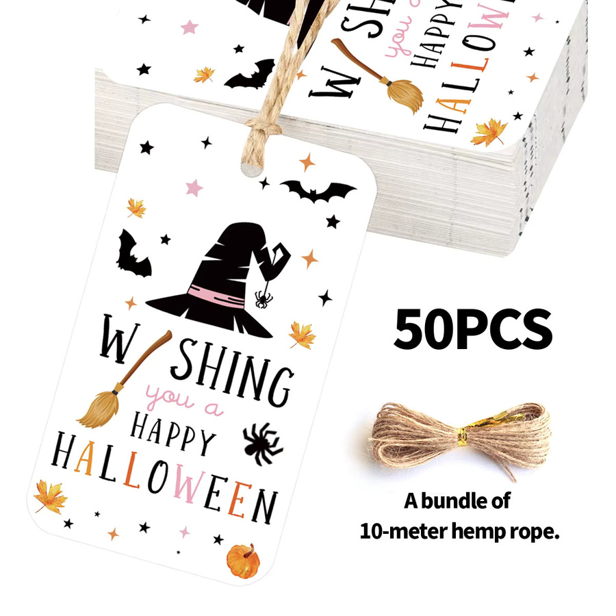 50 Stück Halloween-Geschenketiketten aus Papier mit Hanfseil im Design von Hexenhüten und Kürbissen zur DIY-Verpackungsdekoration - Bild 2