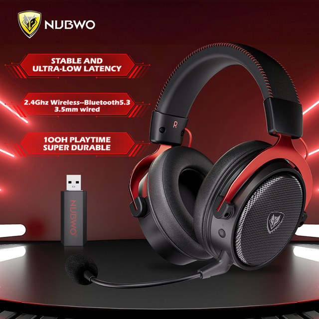 NUBWO G07 Kabelloses Gaming-Headset für PC und PS4 in Schwarz-Rot mit festem Mikrofon und 2,4 GHz Ultra-Low Latency Noise Cancelling - Bild 1