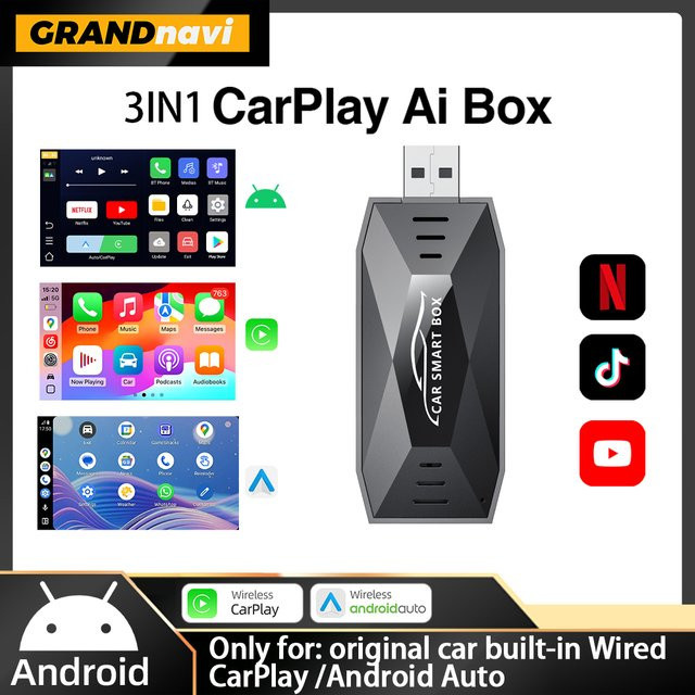 Grandnavi 3in1 Ai Box Android System USB Adapter für CarPlay und Android Auto mit YouTube und Netflix in Schwarz - Bild 1