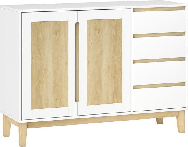 HOMCOM Buffet im skandinavischen Stil mit 2 Türen und 4 Schubladen, Aufbewahrungsmöbel in Weiß und Eiche, B/T/H: 120 x 40 x 86 cm - Bild 1