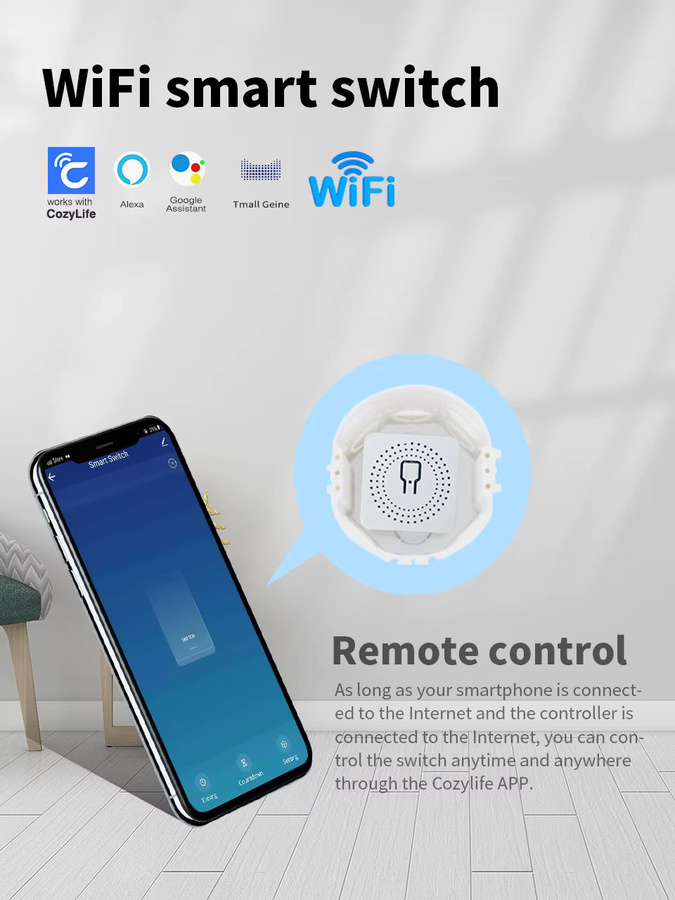 SIXWGH Mini WiFi Smart Switch Cozylife App Fernbedienung Timer 2-Wege-Relais in Weiß, kompatibel mit Google Home und Alexa - Bild 2
