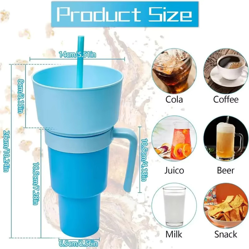 2-in-1 Popcorn-Snackbecher und Getränkebecher mit Griff in Blau, tragbares Design mit B/T/H: 26,0 x 14,0 cm - Bild 3