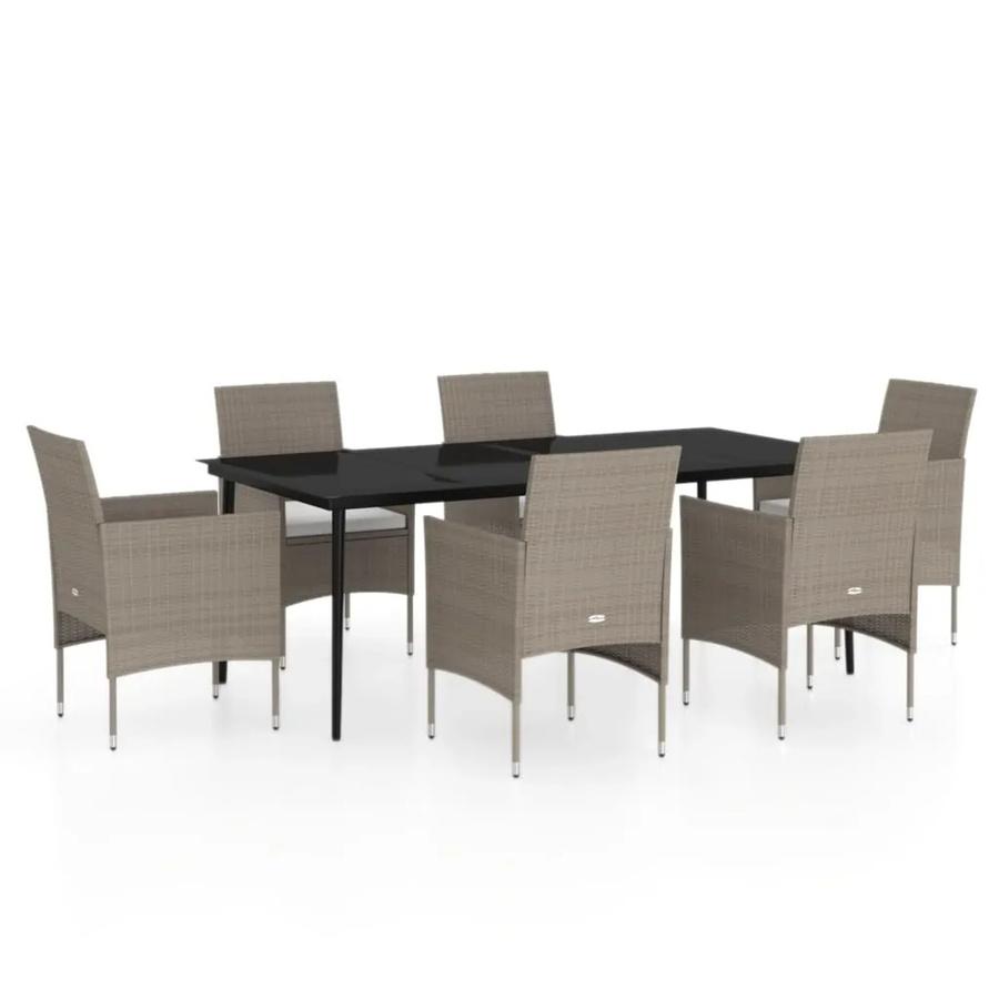 vidaXL 7-teilige Garten-Essgruppe aus PE-Rattan und pulverbeschichtetem Stahl mit Glasplatte und Kissen in Beige und Schwarz - Bild 2