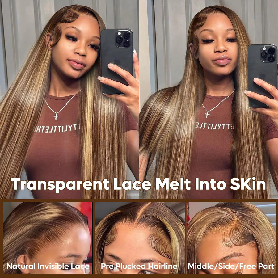 ALIKODY Echthaar Perücke, Honigblonde, Straight Lace Front, 13x4 HD Transparent - Bild 6