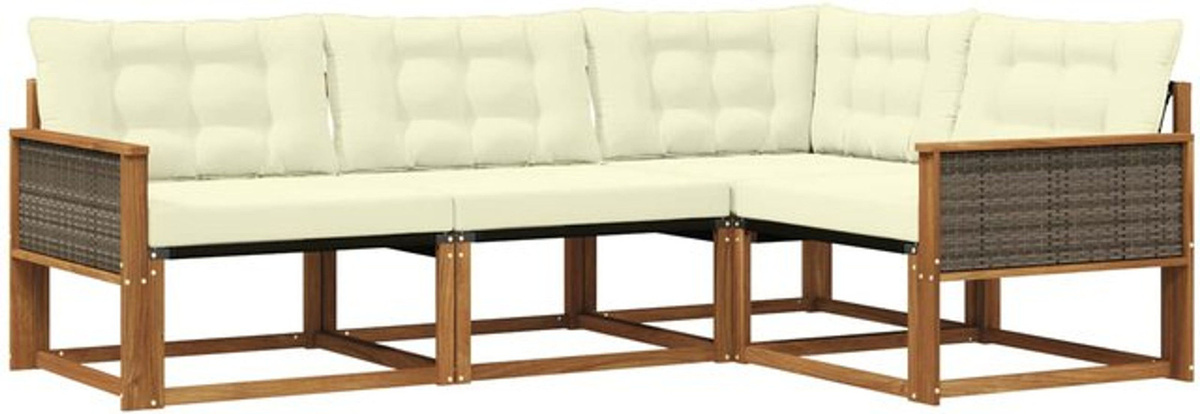 vidaXL Outdoor-Sofagarnitur aus Polyrattan und Akazie mit Kissen in Natur und Beige, 4-teiliges Loungemöbel-Set - Bild 1