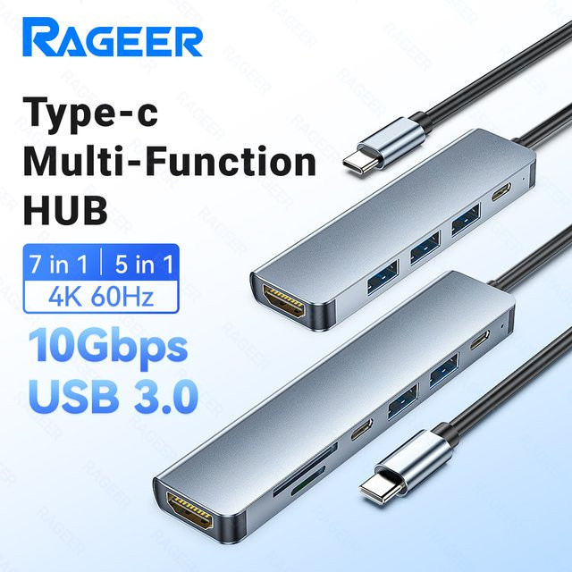 RAGEER 7 in 1 USB-C Hub mit 10 Gbit/s USB 3.0 und 5 USB PD Typ-C Anschlüssen, Docking Station für PC, Farbe: Silber - Bild 1