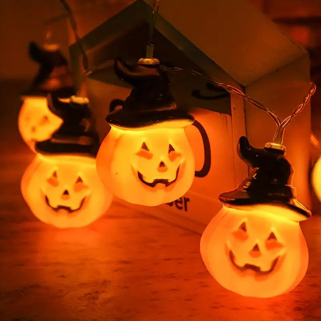 Halloween Kürbis Hut mit LED Lichterkette in Orange und Warmweiß für Indoor und Outdoor Dekoration - Bild 1