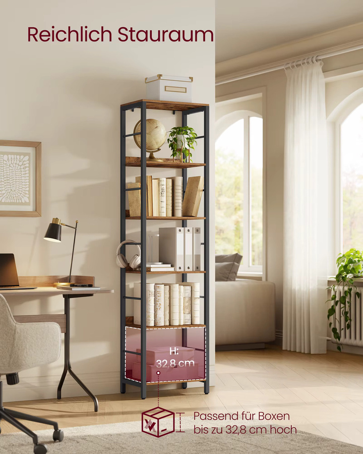 VASAGLE Bücherregal mit 6 Ebenen und Rückwand im Industrial Design, Farbe: Braun/Schwarz - Bild 3