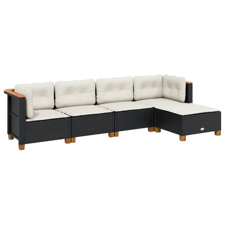 vidaXL 5-tlg Garten-Sofagarnitur in L-Form aus Polyrattan und Akazienholz in Schwarz mit Sitzkissen und Rückenkissen - Bild 2