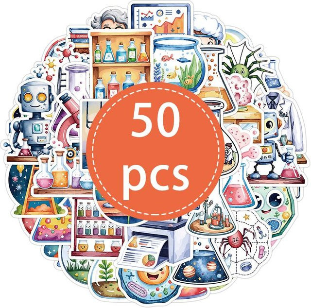 50 Stück Naturwissenschaften Sticker Set mit Chemie, Biologie und Physik Motiven in Mehrfarben aus wasserfestem PET für die Dekoration im Klassenzimmer oder Labor - Bild 1