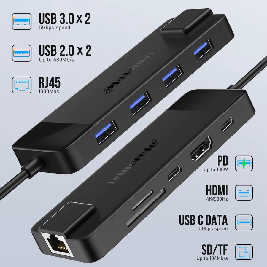 Lemorele TC93 USB-C Hub mit 4K HDMI, RJ45 Gigabit Ethernet, USB 3.0, VGA sowie SD und TF Kartenleser für MacBook Pro und Air - Bild 2