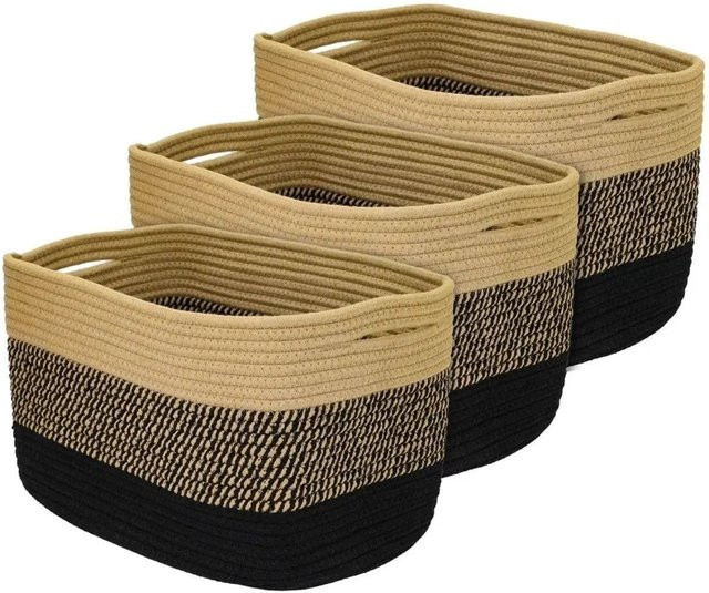 HMF Aufbewahrungskorb 3er Set aus Baumwolle mit versteckten Griffen, Schwarz-Honiggelb, B/T/H: 37 x 25 x 22,5 cm - Bild 1