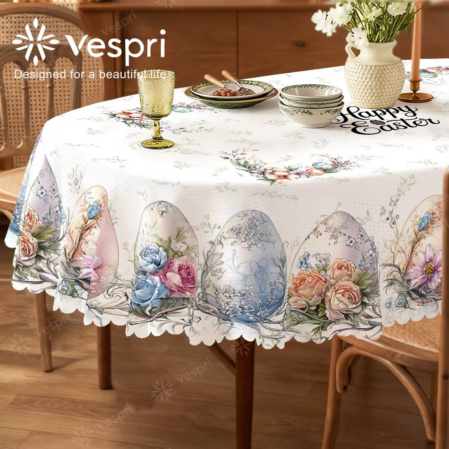Vespri Oster-Tischdecke aus Polyester mit Blumen- und Eier-Motiv in Weiß und Grün für Party und Festival - Bild 2