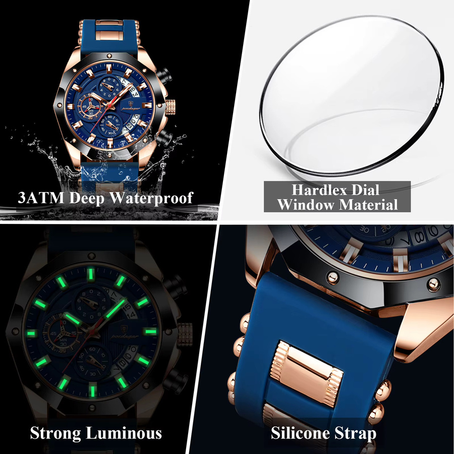 POEDAGAR Armbanduhr Chronograph, Quarz, Silikon, Schwarz, Herren - Bild 4