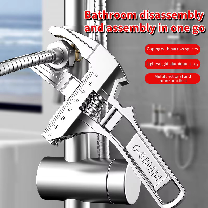 Deli Multifunktions-Rohrschlüssel aus Aluminiumlegierung, Silber, Einstellbarer Dual-Use-Schlüssel für Reparatur und Installation von 6-68mm - Bild 3