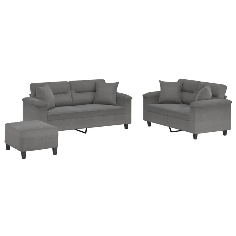 vidaXL 3-teilige Sofagarnitur Dunkelgrau aus Mikrofasergewebe mit 2x 2-Sitzer-Sofas, 1x Fußhocker und 4 Kissen - Bild 2