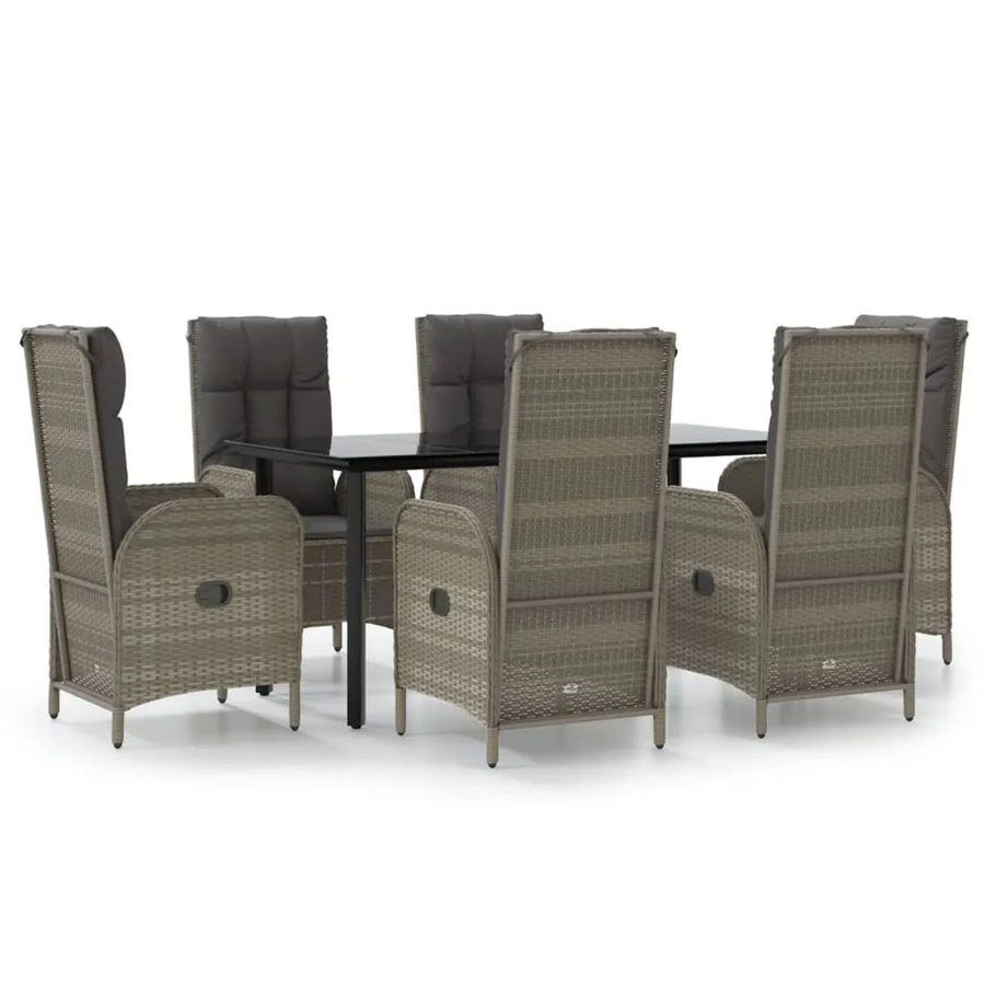 vidaXL 7-teilige Garten-Essgruppe aus Poly Rattan mit Kissen in Schwarz und Grau und Tisch mit gehärtetem Glas - Bild 2